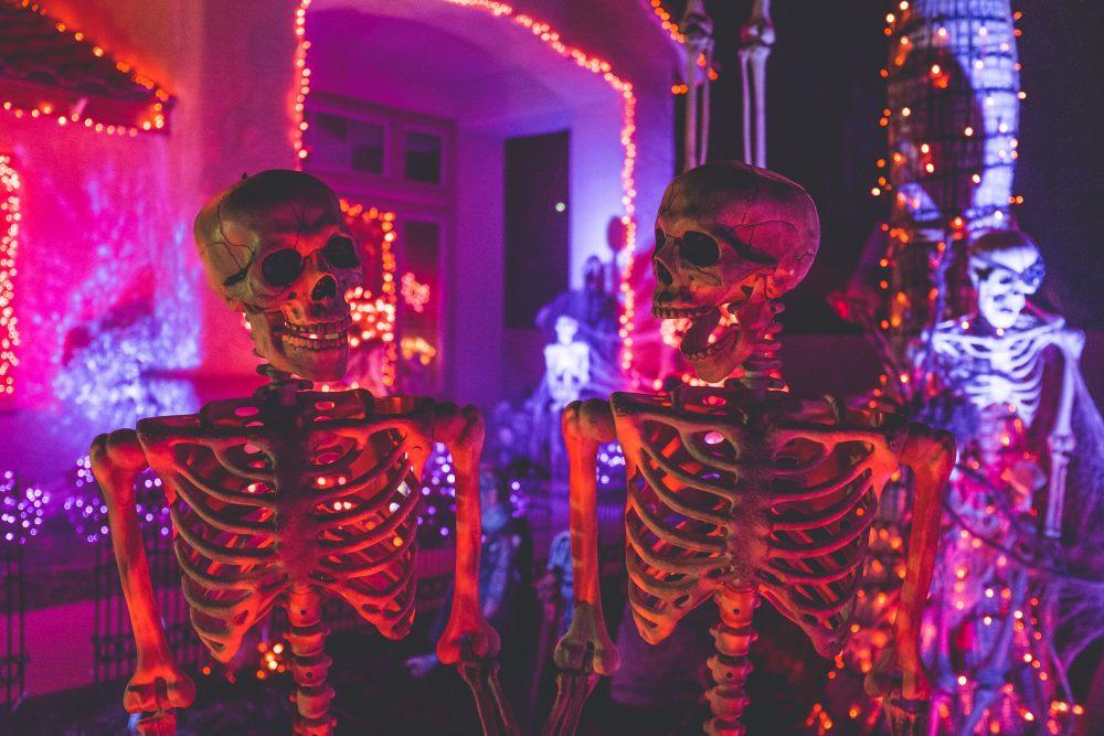 Two skeletons outside with purple and orange lights