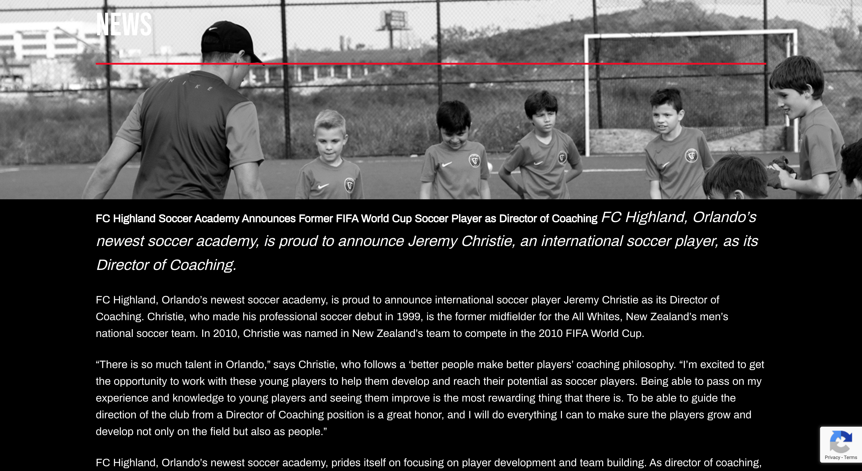 Screenshot of the FC Highland website