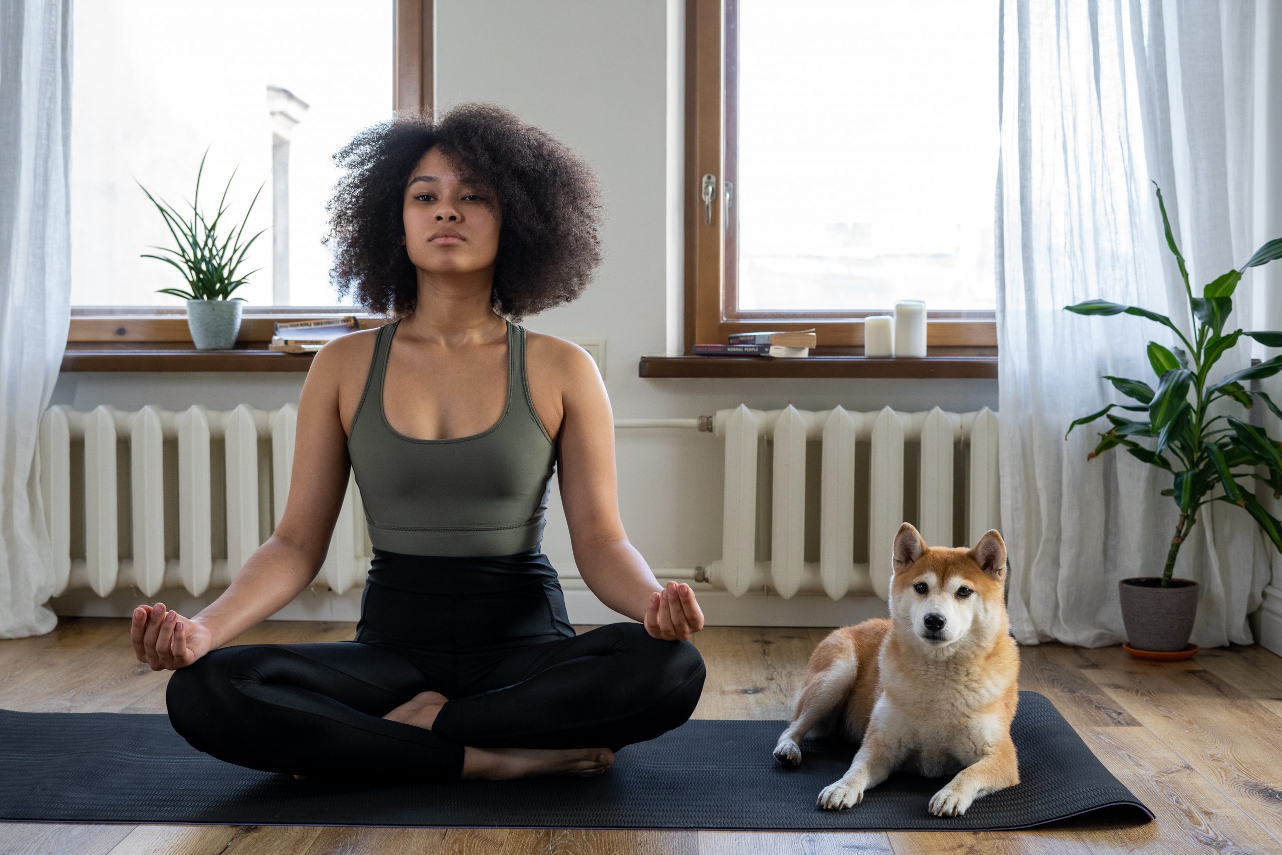 Girl and dog doing yoga